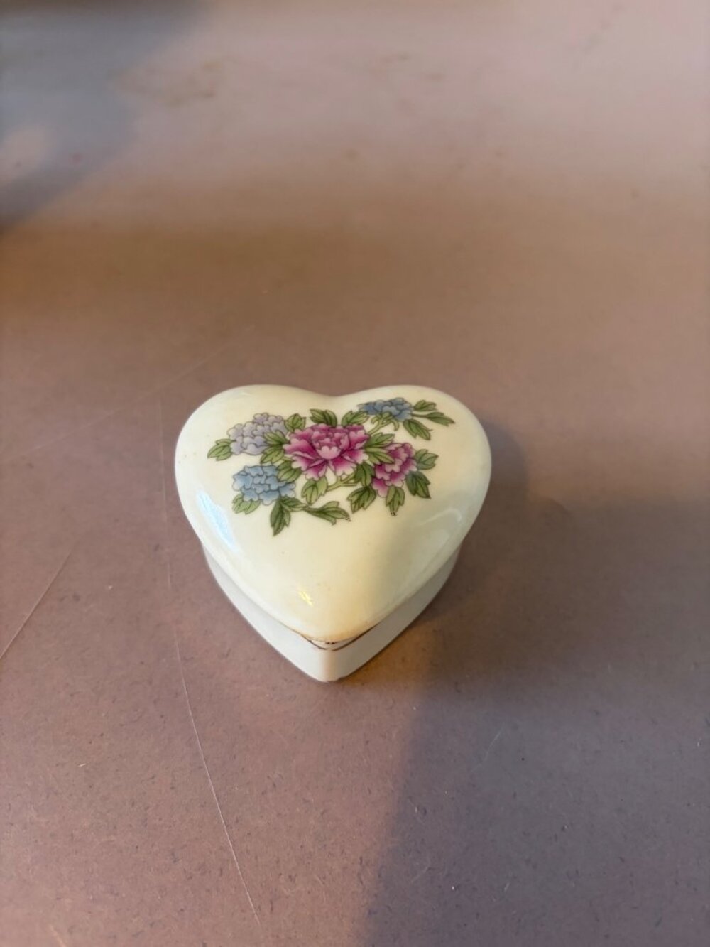 Heart-Shaped Porcelain Trinket Box With Floral Design And Gold Trim